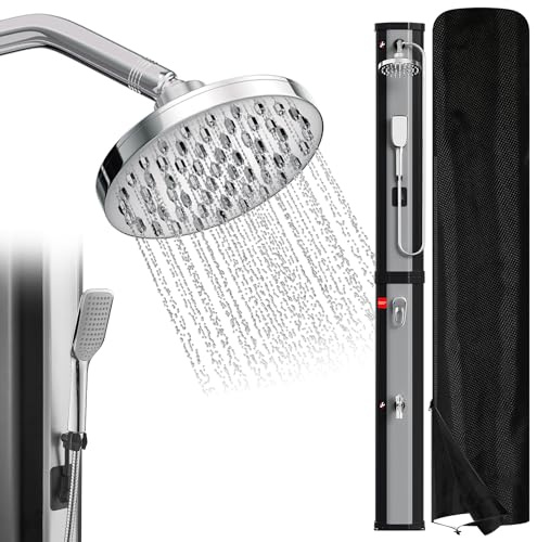 Ansobea Doccia solare argento – 60 litri doccia solare da giardino con copertura protettiva, soffione doccia regolabile a 180° e doccetta, riscaldabile fino a 60° C, perfetto per giardino e casa