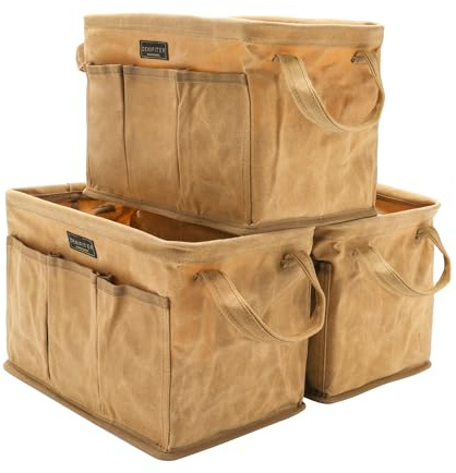 Slitstark 16 uns verktygsväska gjord av vaxad duk, rektangulära, vikbara verktygspåsar med handtag, 7 fickor och 40 x 18 x 19 cm 3-pack (kaki)