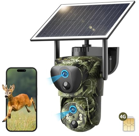 SEHMUA Dual Lens 4G LTE Wildkamera mit SIM-Karte und App, 2K Überwachungskamera Aussen Solar, 360° PTZ Überwachungskamera Aussen Akku, 4G Jagdkamera Wildtierkamera Handyübertragung, IP66