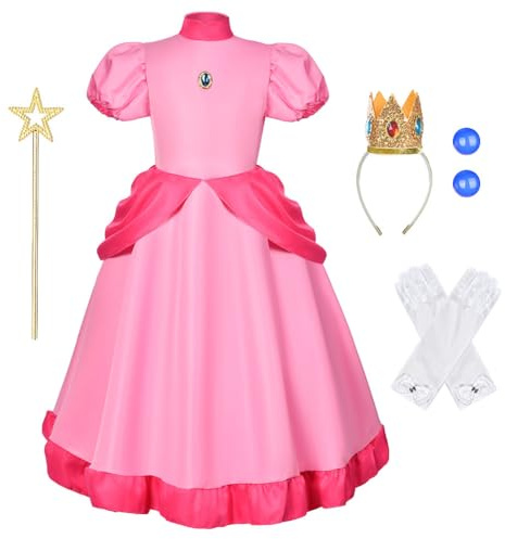 Aomig Prinzessin Mädchen Kostüm 5Teiliges Set Costume for Girls Rosa Kleid Kinder Kostüm Krone Diadem Zauberstab Handschuhe Ohrringe Princess Kostüm Verkleidung Karneval Halloween Geburtstag Party 120