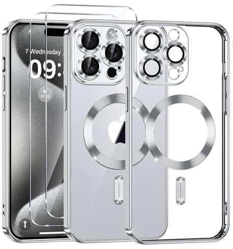 Phoona Cover Placcatura per iPhone 15 Pro Max 6,7 Pollici, Obiettivo per Fotocamera Protezione Completa e 2 × vetro temperato, Compatibile con MagSafe Ricarica Wireless, Protezione Militare, Argento