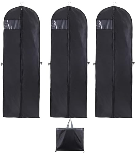 Borsa porta abiti lunga, borsa porta abiti da sposa 60 x 180 cm, borsa porta abiti premium, borsa porta abiti pieghevole, per abiti da sposa, abiti da sera (confezione da 3, nero)