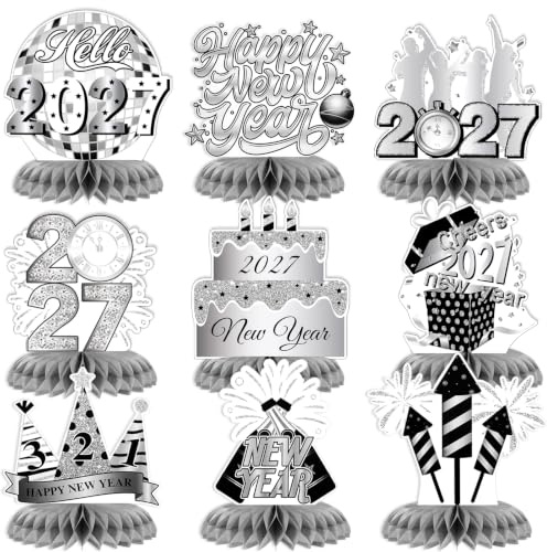 HOWAF 9 Stück Silvester Deko 2026 Silber Bienenwabe, Happy New Year Bienenwaben Mittelstück Papier Tischaufsätze Dekoration für Neujahr Happy New Year Deko, Silvester Dekorationen 2026, Silber