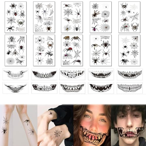 AWAVM Spinnen Tattoo Halloween, 10 Blätt Spinnentattoos+10 Blätt Horror Lippen Tattoo Gesichto Halloween, Realistisch Spinnennetz Temporäre Tattoos Halloween Schminke Make Up für Erwachsene Kinder