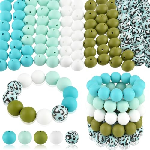 ASTARON 100 Stück 15 mm Silikonperlen zur Herstellung von Schlüsselanhängern, cyan, blau, weiß Silikonperlen, runde Perlen in großen Mengen für Armbänder, Stifte, Basteln, Schmuckherstellung