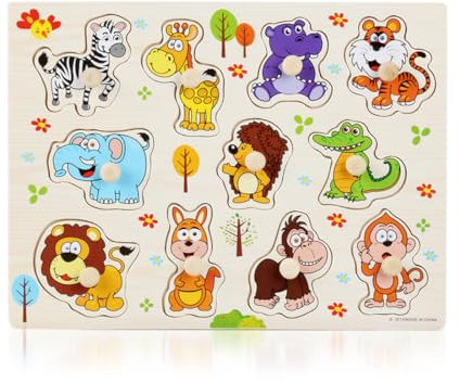 SGERUFZ 1 Pcs Holzpuzzle mit Dschungeltieren, Montessori Spielzeug für Kinder ab 1-3 Jahren