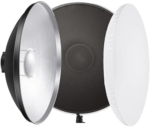 REFLEX CAMERA Silver Beauty Dish Reflector 16.8/42cm with Honeycomb Grids and White Diffuser Sock for Bowens Mount Studio Strobe Flash Light for ideal Photography Lighting Compatible with Godox