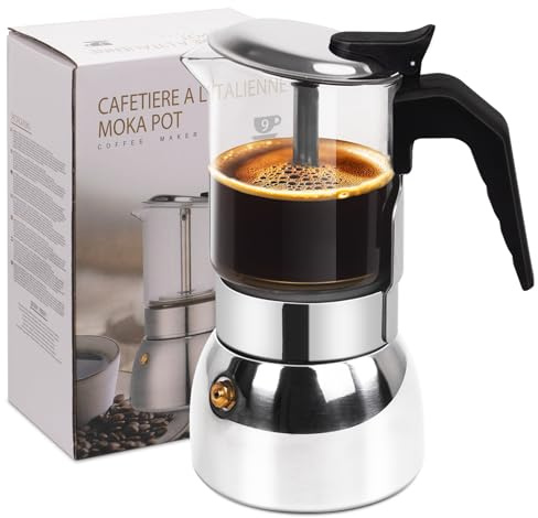 Vaolvpant 9 Cup Glass Clear Moka Pot Thickened 304 Stainless Steel Stovetop Espresso Maker Italian Coffee Machine 450ml 15oz Classic Mocha Cafe Greca Coffee Suitable for Gas Induction