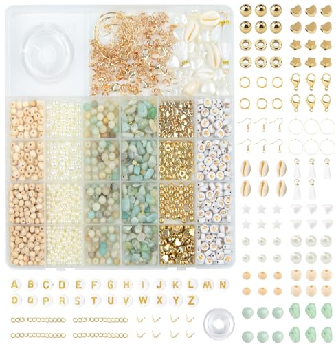 ASSRECT Natürliche Amazonit Perlen für Armbänder, Mini Perlenset Charm Kit mit Holzperlen, Armband Selber Machen Perlenset für DIY Halsketten Handwerk Armbänder Schmuck