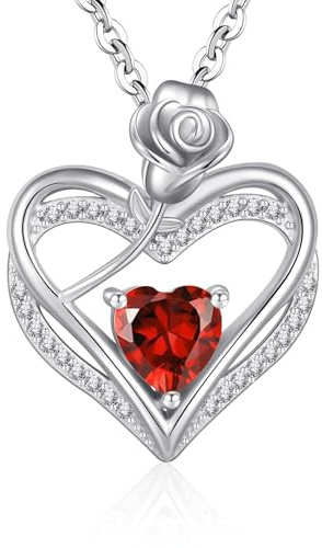Cosie Lily halsband damer silver 925 hänge, kvinnor hjärtkedja ros blomma födelsesten smycken silverkedja, gåvor födelsedagspresent alla hjärtans dag julklappar för flickvän mamma kedjor, Kubisk