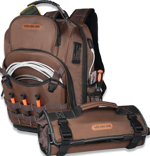 WELKINLAND 70Pockets HVAC Tool Backpack With Tool Roll, Tool Bag Backpack | Tool Backpack Heavy Duty w/ 1 Roll & 2 Pouch,Mechanic Tool Backpack, HVAC Backpacks Tools Bag,Tools Backpacks Men Heavy Duty