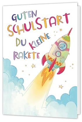 PICTALOO Karte Einschulung Rakete, liebevoll von Hand illustriert - Glückwunschkarte Einschulung Schulanfang – Klappkarte Schulkind – Einschulungskarte inkl. Umschlag –produziert in Deutschland