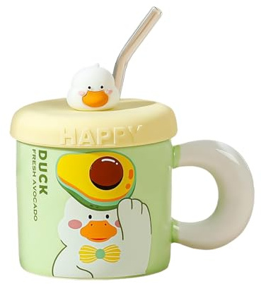 Lustige Tassen 380 Ml Fruchtkeramikbecher Mit Silikondeckel Und Glasstrohhalm-Milchkaffeetasse - Grüne Avocado