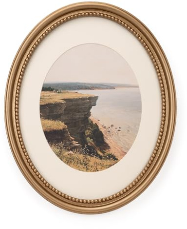 Eitida 11x14 Decorative Oval Wooden Picture Frame, Distressed Champagne Gold Border and Inner Beads Trim, Matted to 8x10, Glass Front, Tabletop or Wall Mount Display