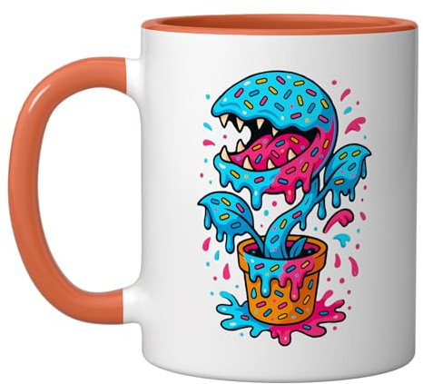 Carnivorous Plant Venus Fly Trap Design Blue Pink Drip Ceramic Mug, Orange/White