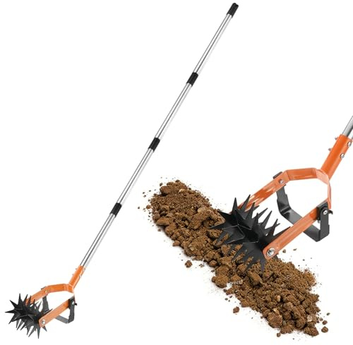 M METERXITY Herramienta cultivadora giratoria 2 en 1, cultivadora de mano ajustable de 72 pulgadas con dientes rodantes en forma de estrella, desbrozador y aireador de suelo para aflojar la mezcla del