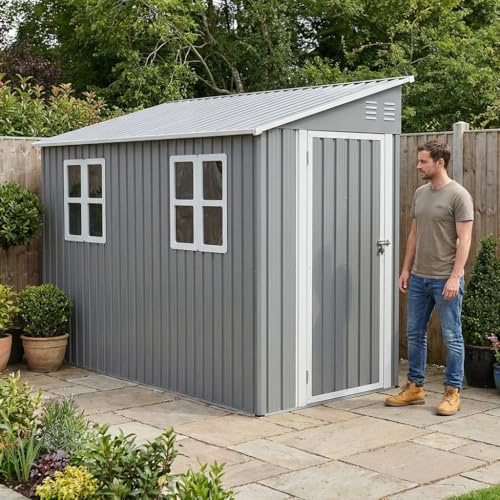 Abri de Jardin Métal 4x10 Pieds (1,2x3 m) avec Kit de Fondation – Design Adossé, Porte Verrouillable et 2 Fenêtres – Coffre de Rangement Extérieur Résistant aux Intempéries pour Outils Jardinage