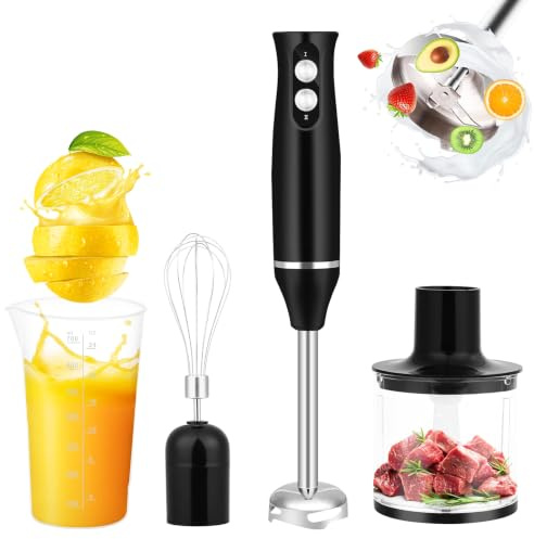Mixeur Plongeant 4 en 1 500W, Mixeur à Main en Acier Inoxydable avec 2 Vitesses, Hachoir, Fouet et Verre Doseur, Blender Immersion pour Purée, Smoothie, Soupe et Alimentation Bébé (4-in-1)