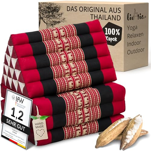 livasia cuscino thai a 3 segmenti alto - 185x55x8cm - cuscino triangolare con materasso pieghevole, kapok, supporto lombare jumbo, tappetino thai da piegare, fatto a mano (Rosso/Elefanti)
