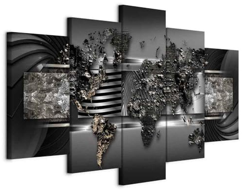 Cuadros B&D XXL - Leinwandbild Weltkarte silber, 200x100 cm, 5-teilig | Hochwertige Leinwand, sofort aufhängbar, ideal fürs Wohn- oder Schlafzimmer, wasserfest und lichtecht, langlebig, stilvoll