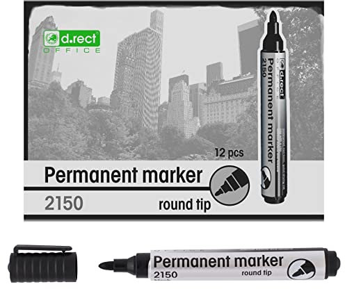 D.RECT 2150 Marker Permanent | Permanentmarker Wasserfest mit Rundspitze | Stifte Bunt Wasserfest | Wasserfeste Stifte für Viele Oberflächen 12 Stück - Schwarz