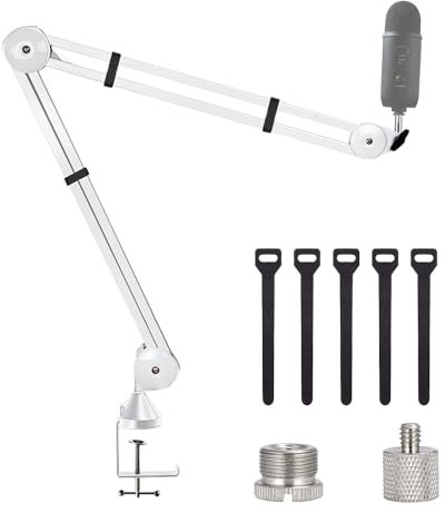 BOMGE Galgenarm-Mikrofonständer, verstellbare Klemme, Studio-Aufhängung, Scherenarm-Halterung für Blue Snowball, Blue Snowball Ice, Blue Yeti, Radio, Rundfunk und Gaming, Weiß