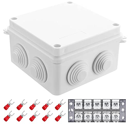 Youmile ABS-plast vattentät dammtät kopplingsdosa 100 x 100 x 70 mm (3,9 x 3,9 x 2,8 tum) IP55 elektronisk projekthuslåda för utomhusbruk med 5P-klämblock, 10 stycken gaffelkontakter