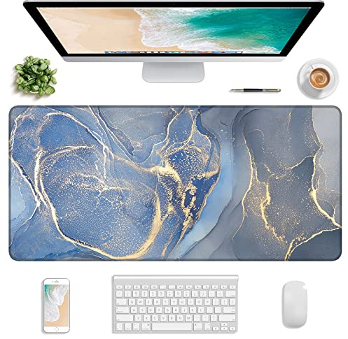 Atufsuat Extended Gaming Mouse Pad, XXL Large Desk Pad 30 x 14 Inch, Big Computer Keyboard Mousepad, Waterproof Mouse Mat with Stitched Edges and Non-Slip Base for Office Gaming, Dark Blue Marble