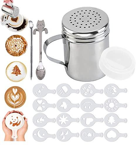 Panlom Chocolate Shaker Duster with Coffee Stencils Set 4 in 1 for Coffee Lovers Steel Barista Accessories Decorating Cappuccino Latte Hot Chocolate Cocoa
