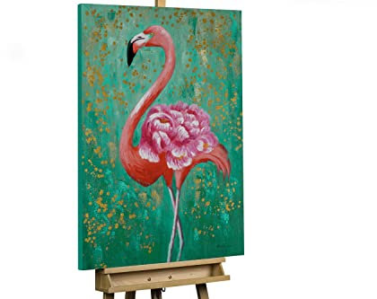 KunstLoft Leinwandbild | 100% HANDGEMALT | 70x100cm | Gemälde 'Fabulous Flamingo' | Flamingo | Rosa Türkis | Wandbild Wohnzimmer