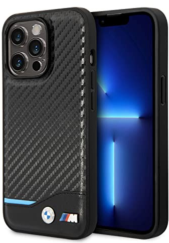 CG Mobile BMW Coque de téléphone pour iPhone 14 Pro en Noir avec Fond Horizontal Ligne Bleue, Coque de Protection et Durable en Fibre de Carbone PU avec Facile à Clipser, Absorption des Chocs et Logo