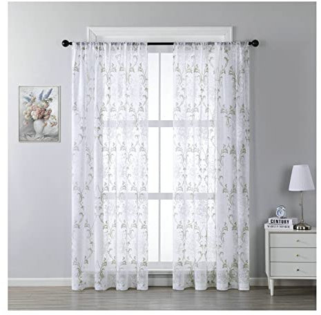 KnBoB Vorhang Transparent 2er Set, Polyester Grün Blumen Bestickt Wohnzimmer Gardinen Modern mit Stangendurchzug Voile Gardinen 86 x 214 cm