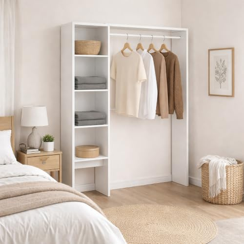 Dmora Guardaroba Grande Makalu 40x187h cm Bianco Appendiabiti 4 Ripiani, Armadio Camera da Letto 6 Vani