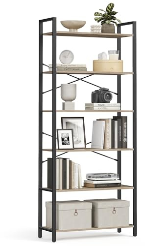 VASAGLE Regal, Bücherregal, Standregal, DVD-Regal, mit 6 Ebenen, Büroregal, offene Ablagen, für Büro, Wohnzimmer, Schlafzimmer, Küche, 30 x 78 x 185,5 cm, Kamelbraun-tintenschwarz LLS082B50 | Freistehendes Regal, Industriedesign, Wohnzimmer, Schlafzimmer, Kamelbraun Tinteschwarz, BARNET Kollektion LLS082B50V1