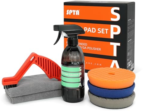 SPTA 3tlg 150mm Polierschwämme Wachs Schwämme Polierschwamm Auto Polierschwamm Polierpad Polieren Pad +500ml Polierreiniger +Autoreinigungstücher Set für 150mm Exzenter Poliermaschine Schleifmaschine