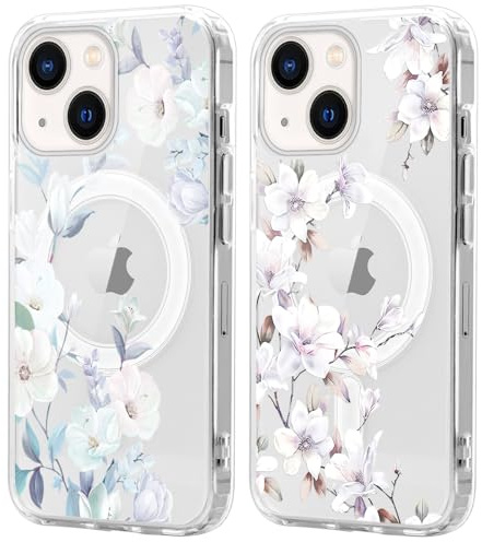 Xylota 2 Stück Magnetisch Hülle für iPhone 14/iPhone 13 6.1'' [Kompatibel mit MagSafe], Aesthetic Blumen Muster Mädchen Design Klare Handyhülle, TPU Stoßfeste Transparent Schutzhülle für iPhone 13