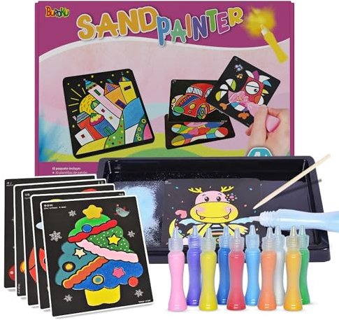 Buroku - Kit de Arte con Arena para Niños | 10 Láminas de Diseños Divertidos | 10 Botellas de Colores Vibrantes | Fomenta Creatividad y Habilidades Motoras | Juego de Pintura