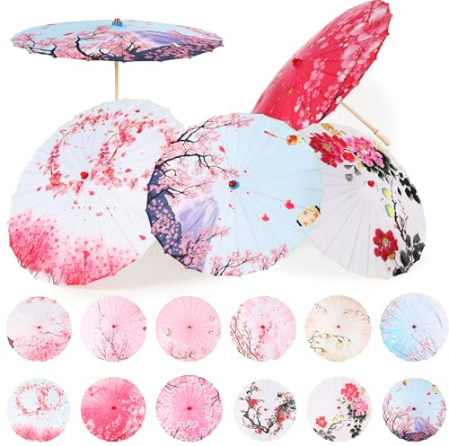 Shinylin 12 Pcs Chinese Oiled Paper Umbrella for Weddings 32 Inch Bamboo Silk Chinese Japanese Parasol Flower Art Dance Umbrella for Bridal Showers Favor Photography Costumes (Classic,Pink White)