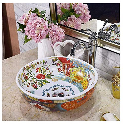 Mobile lavabo con lavabo, lavabo da Bagno, lavabo da appoggio, lavabo Rotondo in Ceramica Bianca da 15 x 15 - lavabo da Bagno Vintage Europeo sopra Il bancone