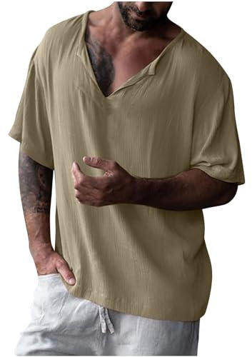Dyhxuan Tops Blusa para hombre con cuello de pico, informal, monocolor, tallas grandes, camiseta de verano, manga corta, jersey básico, blusa de verano, holgada, acogedora, sudadera deportiva, caqui