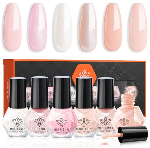 Modelones Nail Polish Set 6 Colors Neutral Nude Pink Nail Polish Skin Tones Collection Quick Dry Neutral Glitter Finger Nail Varnish Home Diy Manicure