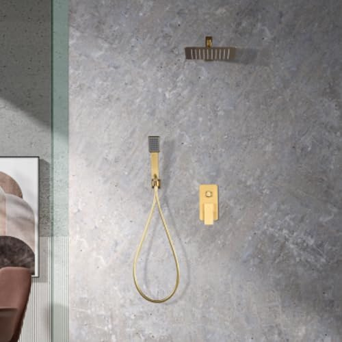 IMEX - Ducha Empotrada Monomando Dorada | Kit de Grifería Empotrado con Alcachofa y Rociador Antical Efecto Lluvia | Columna Ducha Empotrada en Latón y Acero Inox S.304 | Serie Pisa