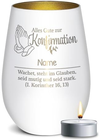 PR Print Royal Weißes Windlicht mit Gravur - Alles Gute zur Konfirmation - mit Name Personalisieren - Geschenke zur Konfirmation, Konfirmationsgeschenke | inkl. Teelicht, 450 ml, Innen Gold