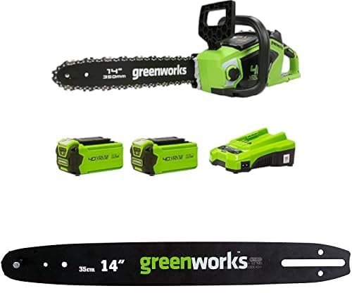 Greenworks Akku Kettensäge mit bürstenlosem Motor, 14 Zoll (35cm) Blattlänge, zwei 40V 2Ah Akkus und Ladegerät + Greenworks 35cm Ersatzschwert für Kettensäge
