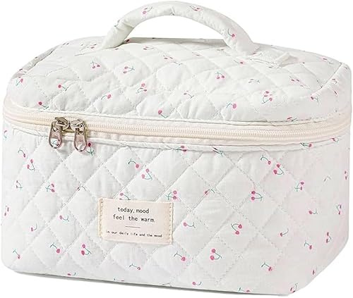 FDEETY Beauty Case da Viaggio per Donne Grande Fiore Cotone Cosmetica Carino Borsa da Toilette Con Gancio Trousse Trucchi Cosmetici Organizer Bianco