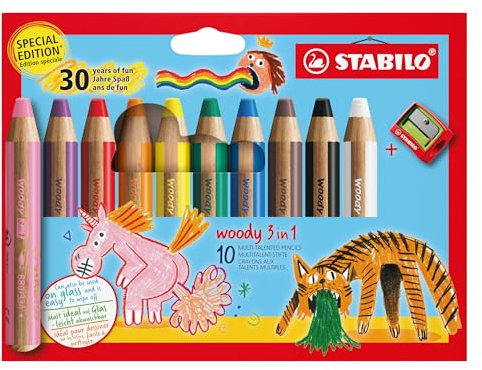 STABILO - Buntstift, Wasserfarbe & Wachsmalkreide - woody 3 in 1 - Geburtstags Edition - 10er Pack mit Spitzer - 10 Farben