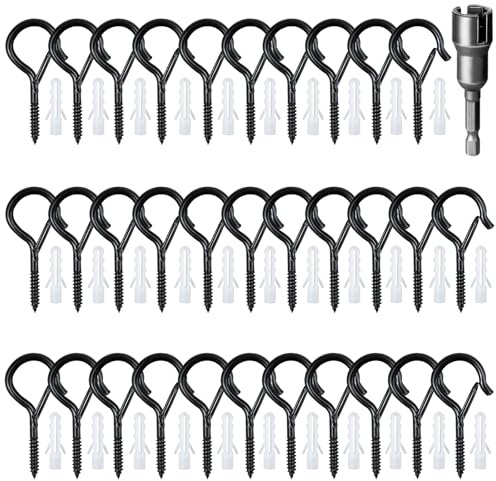 Raxfekro 32 Stück Schraubhaken Edelstahl, Haken zum Schrauben Set mit Sicherung, Schwarz Hakenschrauben Set, Deckenhaken für Hängende Topfpflanzen, Dekorative Lampen, Hängekörbe, Usw (Rund)