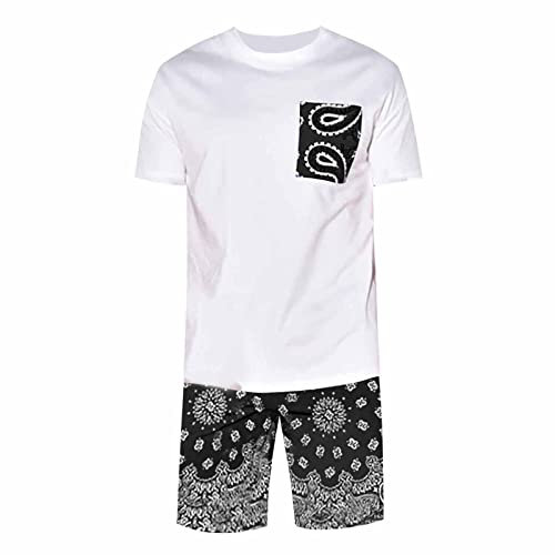 Herren Freizeitanzug Cashew Blumendruck Kurzarm Shorts Zwei Herren Chap Anzug, Schwarz , XXL