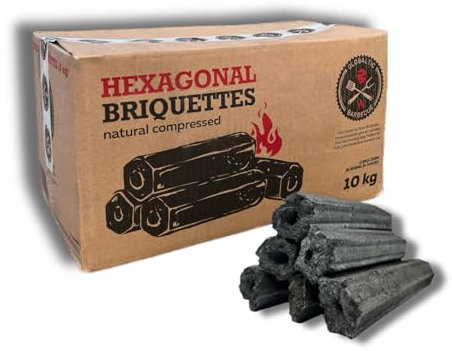 10kg Natural Compressed Hexagonal Briquettes by Globaltic - Premium Restaurant-Grade Charcoal Briquettes for BBQ, Smoking & Grilling - High Heat, Low Ash for Kamado, Big Green Egg, Weber & More