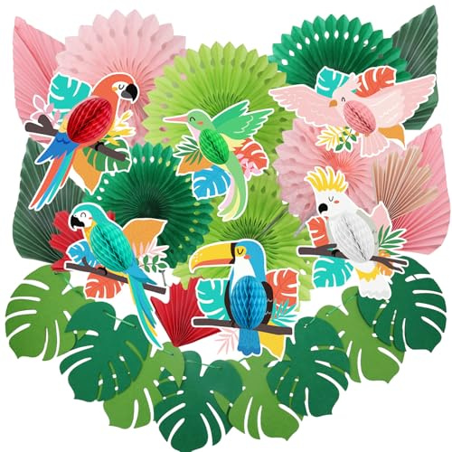CoKeeSun 21 Pezzi Decorazioni Festa, Hawaiano Tropicale tema Decorazioni, Palla di Nido d'ape di Pappagallo Scomparti di Carta Foglie di Palma Decorazioni Torta per Luau, Feste Barbecue